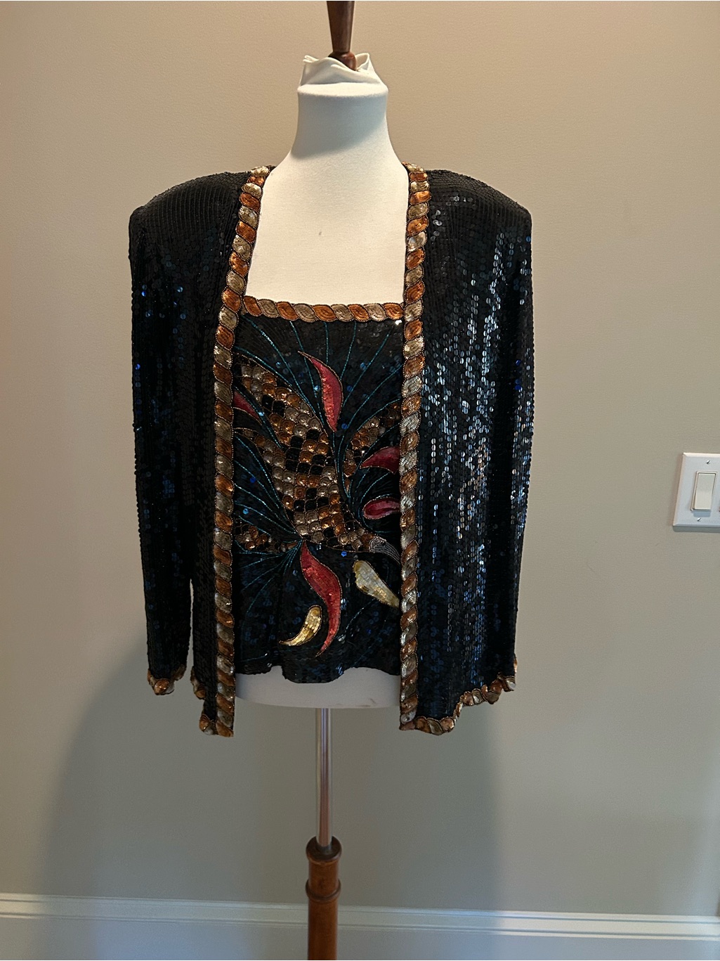 Vintage 1980s / 1990s He-Ro Industries 100% Silk Beaded & Sequin 2-Piece